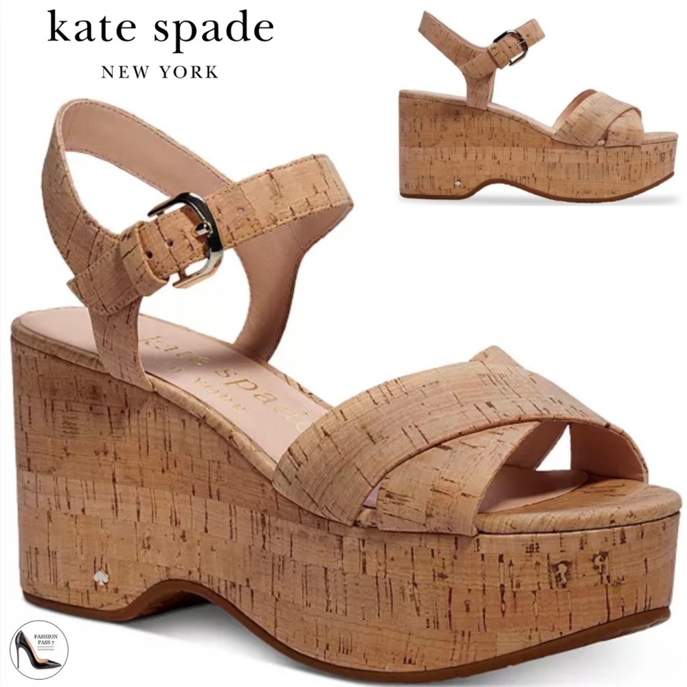 Kate Spade Jasper Tan Cork Platform Wedges Ankle Strap Open Toe Comfy Sandals 9